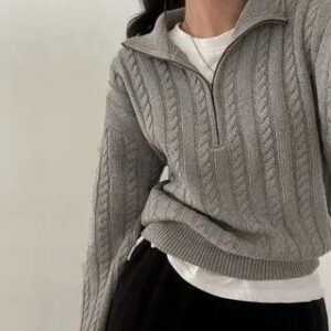 Half Zip Cable Knit Cropped Sweater Silver Gray 281460355