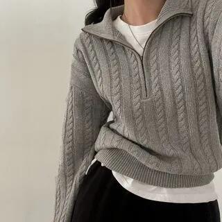 Half Zip Cable Knit Cropped Sweater Silver Gray by MIKIGA