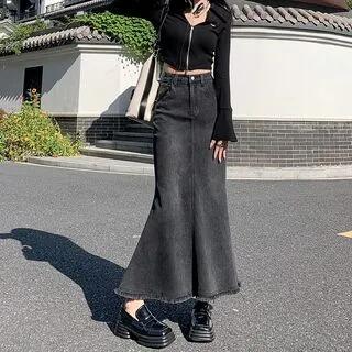 High Waist Washed Fray Hem Maxi Mermaid Denim Skirt Black Grey by Denimot