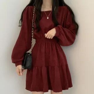 Balloon-Sleeve Square Neck Plain Mini A-Line Dress Wine Red by Sienne
