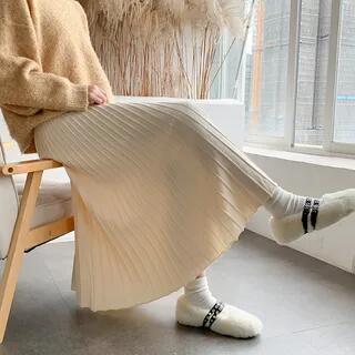 High Waist Pleated Knit Midi Skirt Almond by Strawolf