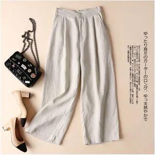 Elastic Waist Plain Linen Crop Wide Leg Pants Almond by INEN