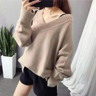 V-Neck Plain Sweater Light Khaki by FR