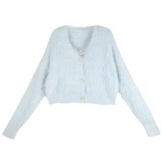 Set: Plain Fluffy Cropped Cardigan + Knit Cropped Camisole Top Set of 2 - Fluffy Camisole Top & Knit Camisole Top - Blue by monroll