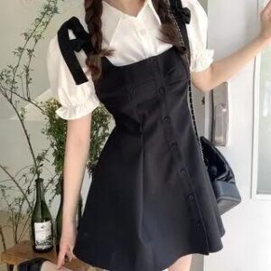 Puff Sleeve Collared Plain Blouse / Square Neck Plain Bow Ruched Button Mini A-Line Pinafore Dress Blouse - White 281460651