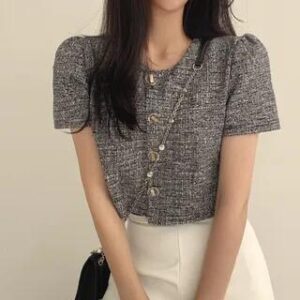 Short-Sleeve Round Neck Plain Blouse Black 281460693