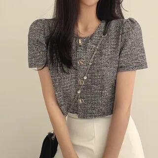 Short-Sleeve Round Neck Plain Blouse Black by MIKIGA