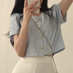Short-Sleeve Round Neck Plain Blouse Light Blue 281460694