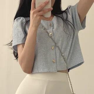 Short-Sleeve Round Neck Plain Blouse Light Blue by MIKIGA