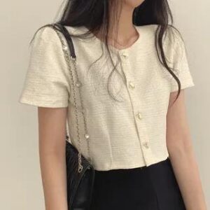 Short-Sleeve Round Neck Plain Blouse Off-White 281460695