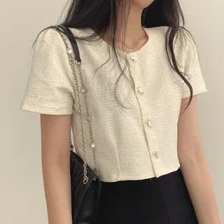 Short-Sleeve Round Neck Plain Blouse Off-White by MIKIGA