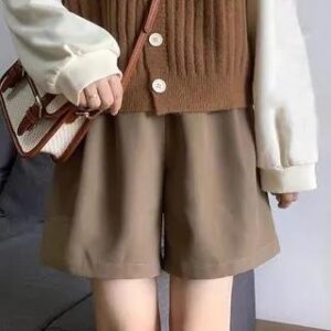 V-Neck Ribbed Button-Up Sweater Vest / Long-Sleeve PoloShirt / High Waist Wide Leg Shorts Shorts - Coffee 281460732