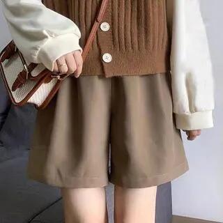 V-Neck Ribbed Button-Up Sweater Vest / Long-Sleeve PoloShirt / High Waist Wide Leg Shorts Shorts - Coffee by Strawolf