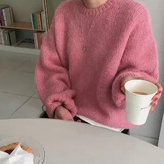 Long-Sleeve Round Neck Plain Sweater Light Pink by MIKIGA