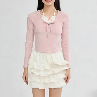 Long-Sleeve Plain Balletcore Crop Top / Mid Rise Tiered Mini A-Line Skirt Skirt - Almond by Yako