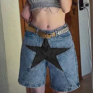 Mid Waist Washed Star Patch Denim Shorts Blue 281460799