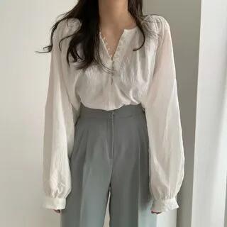 [L] Long-Sleeve Henley Plain Blouse White by Happo