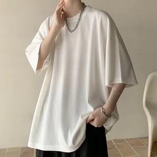 Elbow-Sleeve Crew Neck Plain Oversized T-Shirt A59 - White by Nightbell