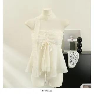 Plain Drawstring Ruched Mesh Tube Top with Scarf Almond by Sosana