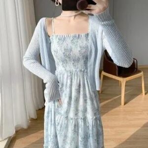 Plain Ribbed Cardigan Cardigan - Blue 281461225