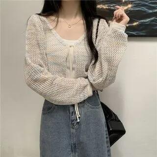 V-Neck Melange Tie Front Top White by Shinsei
