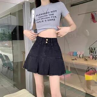 High Rise Washed Pleated Mini A-Line Denim Skirt Black by PINPI