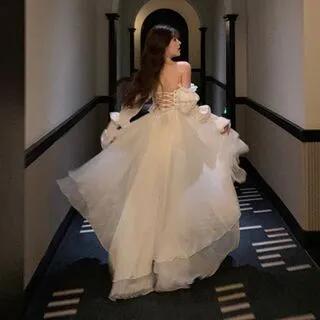 Long-Sleeve Sweetheart Neckline Mesh High Low Evening Gown White by JIYON
