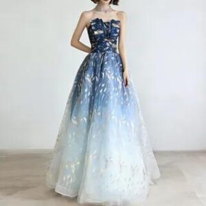 Strapless A-Line Gold Pattern Mesh Evening Gown Peacock Blue 281461590