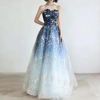 Strapless A-Line Gold Pattern Mesh Evening Gown Peacock Blue by MSSBridal