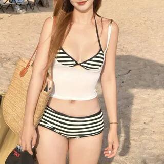 Set: Halter Striped Bikini Top + Bottom + Underbust Plain Tank Top Striped - Black & White by CUCURBIT