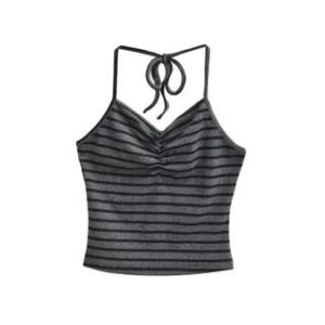 Halter Neck Striped Ruched Open Back Crop Top / Hot Pants Top - Stripes - Dark Gray 281552649