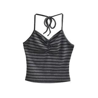 Halter Neck Striped Ruched Open Back Crop Top / Hot Pants Top - Stripes - Dark Gray by Colada