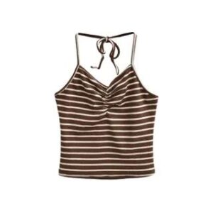Halter Neck Striped Ruched Open Back Crop Top / Hot Pants Top - Stripes - Coffee 281552651