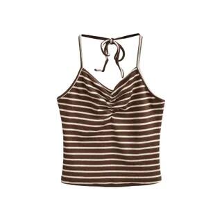 Halter Neck Striped Ruched Open Back Crop Top / Hot Pants Top - Stripes - Coffee by Colada