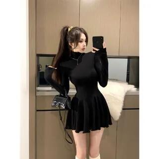 Long Sleeve Mock Neck Plain Mini A-Line Dress K1670 - Black by HYAKU