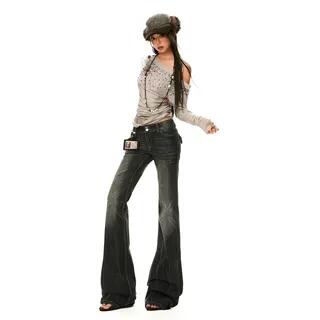 Low Waist Washed Flared Jeans (Various Designs) Normal Edition - Blackish Gray by Denimot