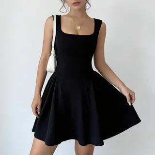 Sleeveless Square Neck Plain A-Line Dress Black by Litoya