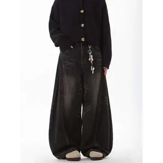 Mid Rise Washed Baggy Jeans Black by Plummie