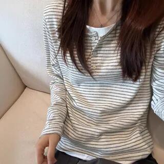 Mock Two-Piece Long-Sleeve Henley Striped T-Shirt 1133 - Gray & White by HYAKU