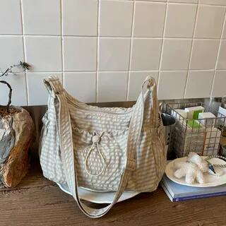 Plaid Drawstring Crossbody Bag White by Melois