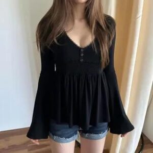 Bell Sleeve V-Neck Lace-Trim Plain A-Line T-Shirt Black 281782596