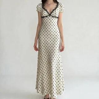 Puff Sleeve V-Neck Lace-Trim Dotted Open-Back Slim-Fit Maxi Bodycon Dress Champagne by Sosana
