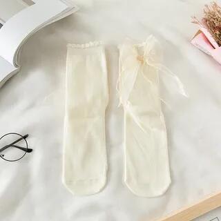 Plain Bow Short Socks 1 Pair - Beige by Whychunga