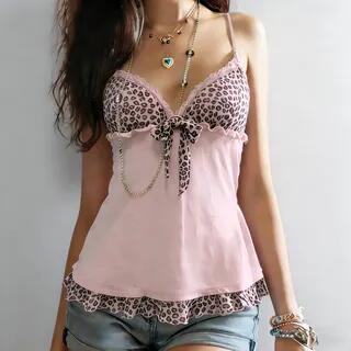 V-Neck Lace-Trim Leopard Panel Ruffled Slim-Fit Camisole Top Pink by Sosana