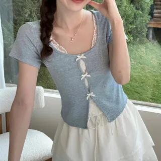 Mock Two-Piece Short-Sleeve Scoop Neck Lace Panel Slit Crop Top / High Waist Layered Mini A-Line Skirt Top - Blue by Joyciful