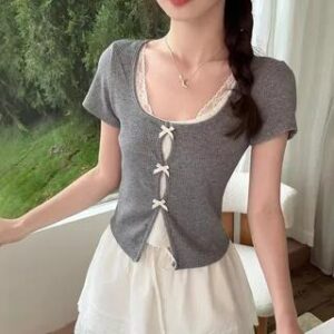 Mock Two-Piece Short-Sleeve Scoop Neck Lace Panel Slit Crop Top / High Waist Layered Mini A-Line Skirt Top - Gray 281807386