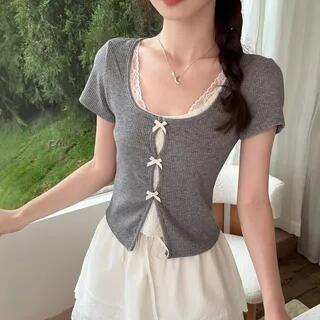 Mock Two-Piece Short-Sleeve Scoop Neck Lace Panel Slit Crop Top / High Waist Layered Mini A-Line Skirt Top - Gray by Joyciful