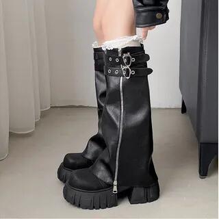 Lace-Up Platform Chunky Heel Short Boots Black - 35 by Queen Zoo