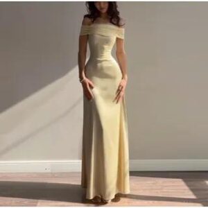 Short-Sleeve Off Shoulder Plain Maxi A-Line Dress Yellow 281905568