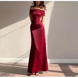 Short-Sleeve Off Shoulder Plain Maxi A-Line Dress Wine Red by Alizio